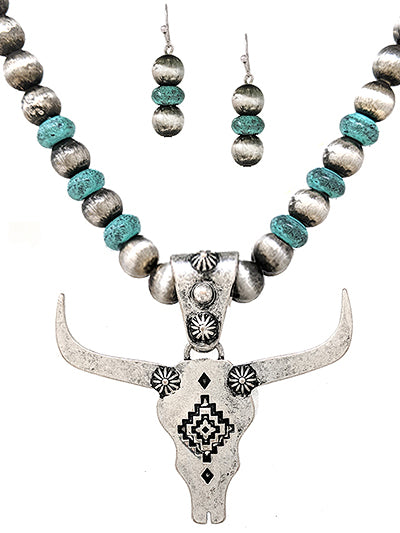 Western Aztec Pattern Steer Head Necklace Set