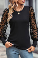 FULL TIME PURCHASE - Leopard Mesh Puff Sleeve Patchwork Slim Fit Top: L / Black
