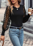 FULL TIME PURCHASE - Leopard Mesh Puff Sleeve Patchwork Slim Fit Top: L / Black