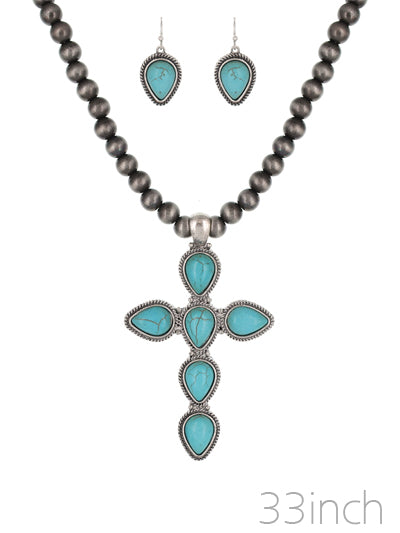 Western Navajo Style Stone Cross Necklace/Earring Set