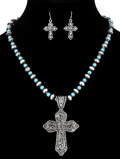 Western Semi Stone Cross Necklace Set