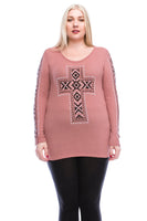 Long Sleeve Boat Neck Front Center Cross Print And Stones Print - The Fringe Spa'Tique
