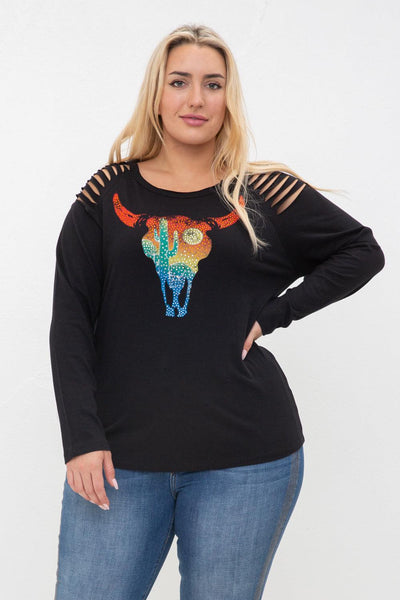 Laser Cut Long Sleeve Top With Bull Heads Print - The Fringe Spa'Tique