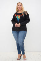 Laser Cut Long Sleeve Top With Bull Heads Print - The Fringe Spa'Tique