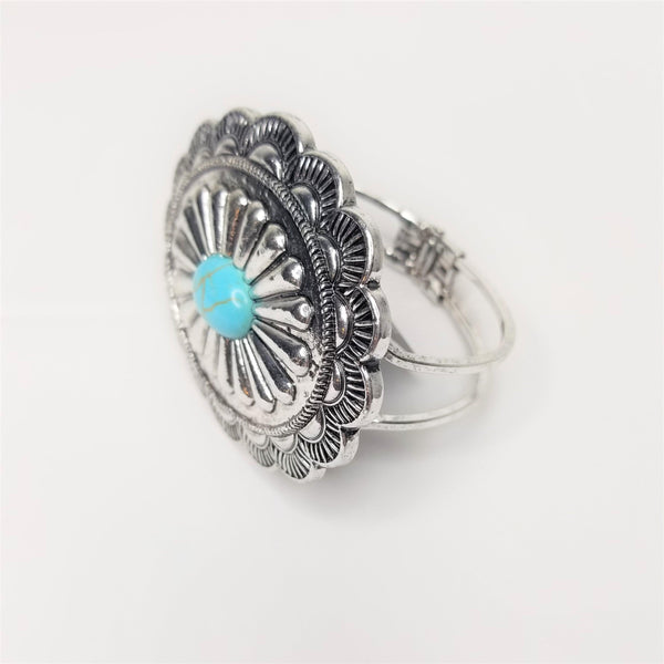 Vintage Silver Concho Hinged Bracelet with Turquoise Stone. - The Fringe Spa'Tique