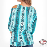 Turquoise Aztec cold shoulder scoop neck tee with 3/4 sleeves - The Fringe Spa'Tique
