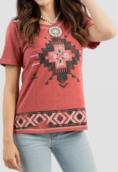 American Bling Mineral Wash Aztec Print Tee - The Fringe Spa'Tique