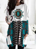 Aztec Ethnic Geometric Print Contrast Long Sleeves Tunic Sweatshirt - The Fringe Spa'Tique