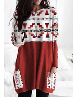 Aztec Ethnic Geometric Print Contrast Long Sleeves Tunic Sweatshirt - The Fringe Spa'Tique