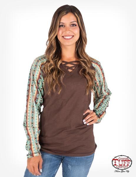 Brown & Coral Aztec Long-Sleeve strappy v-neck Tee XL - The Fringe Spa'Tique