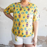YELLOW AZTEC PRINTED DROP SHOULDER BASIC SHORT SLEEVE TOP WITH SIDE TIE - The Fringe Spa'Tique