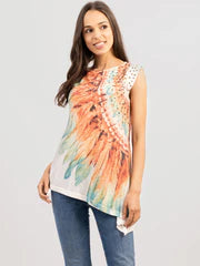 Delila Women's Washed Feather Printed Sleeveless Tank - The Fringe Spa'Tique