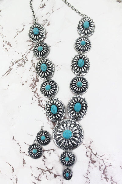 TURQUOISE AND SILVERTONE NECKLACE AND EARRING SET - The Fringe Spa'Tique