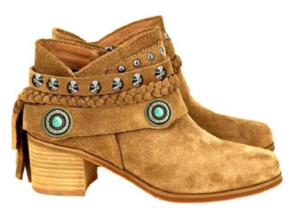 Trinity Ranch Western Leather Suede Booties Studded Strap Collection - The Fringe Spa'Tique