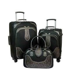 Montana West Tooled Leather Collection 3 PC Luggage Set-Black - The Fringe Spa'Tique