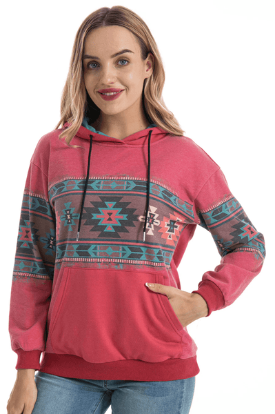 American Bling Women Aztec Graphic Hoodie-Red - The Fringe Spa'Tique