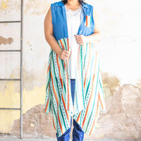 LIGHT WASH CHAMBRAY COLLARED DUSTER VEST WITH MINT SERAPE HANDKERCHIEF HEM - The Fringe Spa'Tique