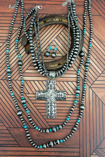 Silverthorne Turquoise Cross Double Necklace and Earring Set - The Fringe Spa'Tique