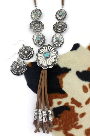 Silvertone Concho Falls Cord Necklace and Earring Set - The Fringe Spa'Tique