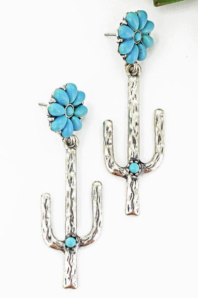 TURQUOISE BEADED FLOWER AND SILVERTONE CACTUS EARRINGS - The Fringe Spa'Tique