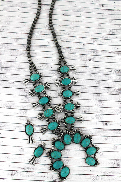 Turquoise Beaded Squash Blossom Silver Navajo Inspired Pearl Necklace and Earring Set - The Fringe Spa'Tique