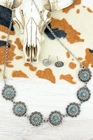 Turquoise Fleur Silvertone Necklace and Earrings Set - The Fringe Spa'Tique