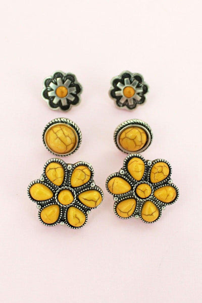 WESTERN YELLOW STONE FLOWER AND STUD EARRINGS 3 PAIR SET - The Fringe Spa'Tique