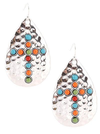 Western Hammered Teardrop with Multi-colored Cross - The Fringe Spa'Tique