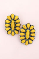 YELLOW STONE BEADED SILVERTONE SCALLOPED OVAL EARRINGS - The Fringe Spa'Tique