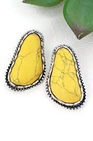 Yuma Silvertone Framed Mustard Stone Earrings - The Fringe Spa'Tique
