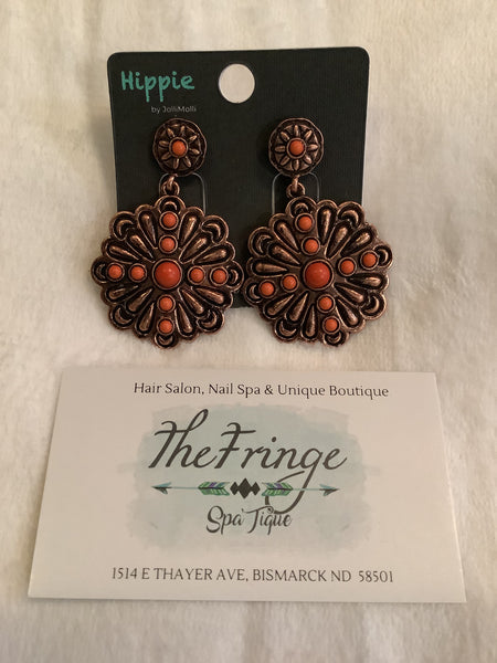 Copper Tone Concho with Orange Stones Post Earrings - The Fringe Spa'Tique