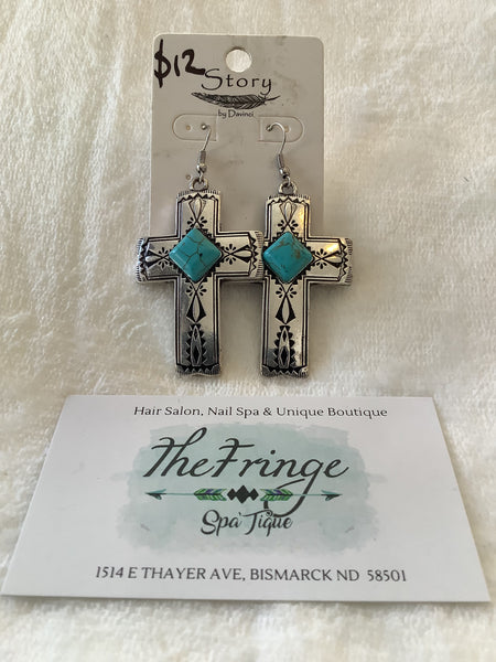 Turquoise Stone Cross Earrings - The Fringe Spa'Tique