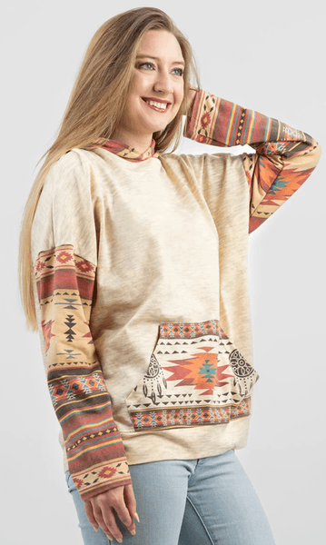 American Bling Women Aztec Graphic Hoodie Tan - The Fringe Spa'Tique